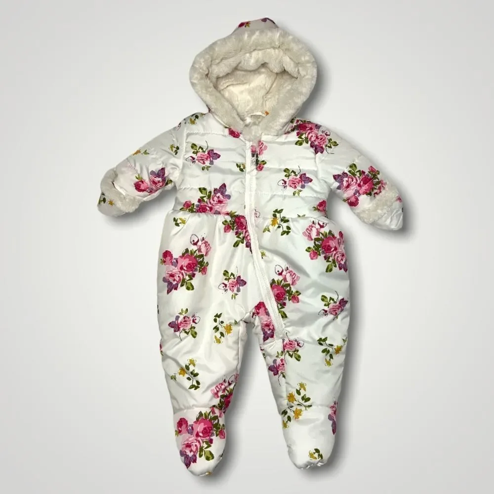 Rothschild Baby Girl White Floral Snowsuit Onesie Size 3-6 Months